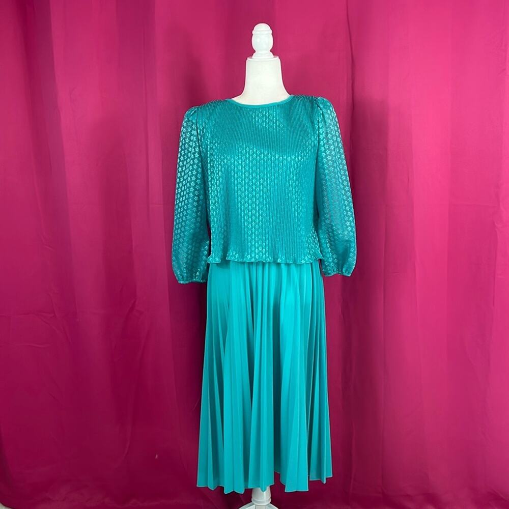 Vintage MCS Ltd teal blue lace and pleated midi dress, size 16.5